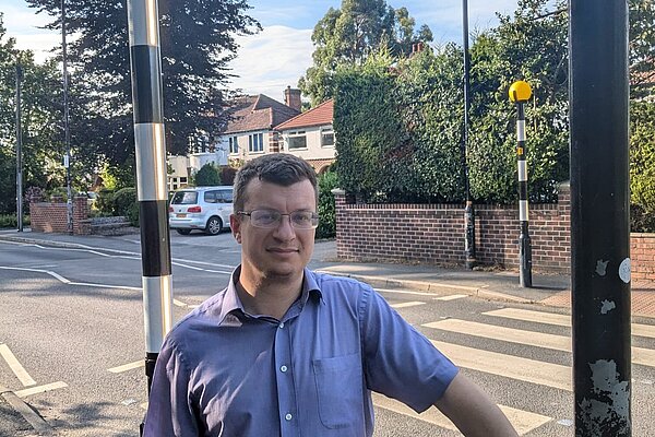 Cllr Will Frass with the new Belisha Beacons Cllr Will Frass with the new Belisha Beacons